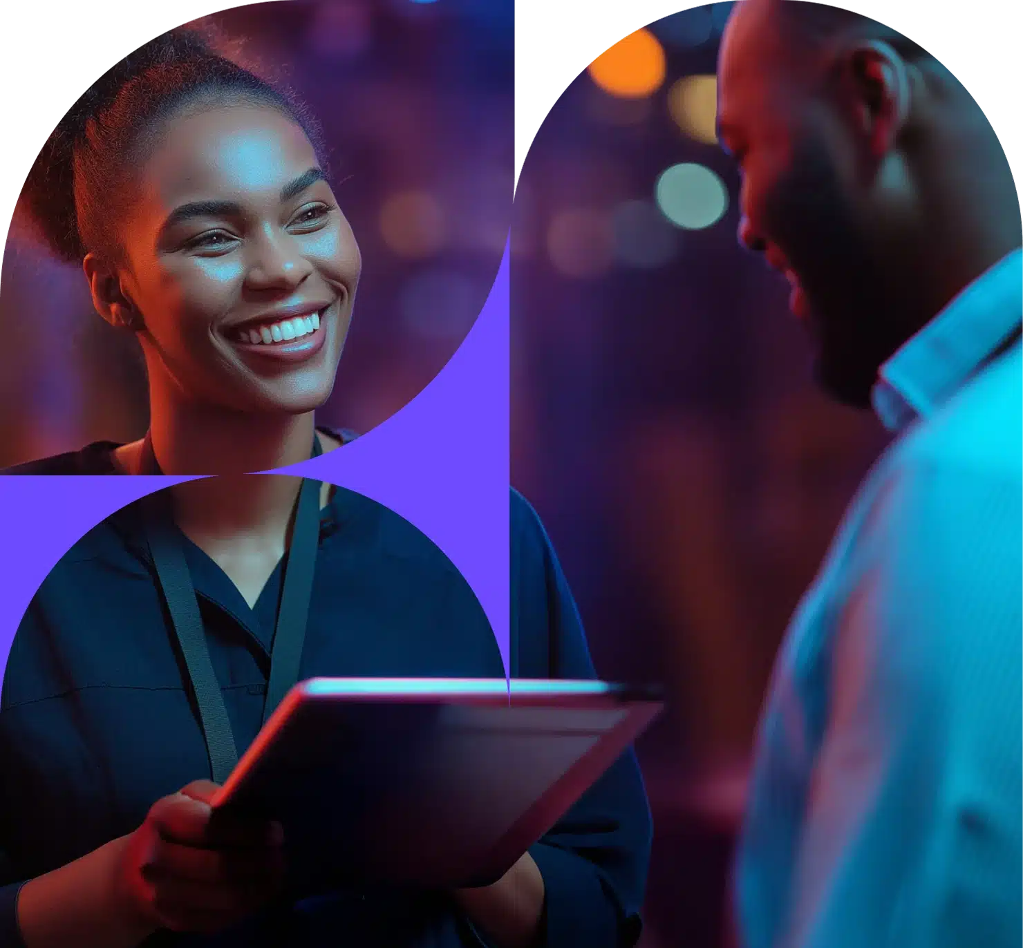 A woman smiling and holding a tablet talks to a man in a softly lit, colourful setting with abstract purple shapes overlaying the image, reflecting the vibrant energy of Mapal Group.