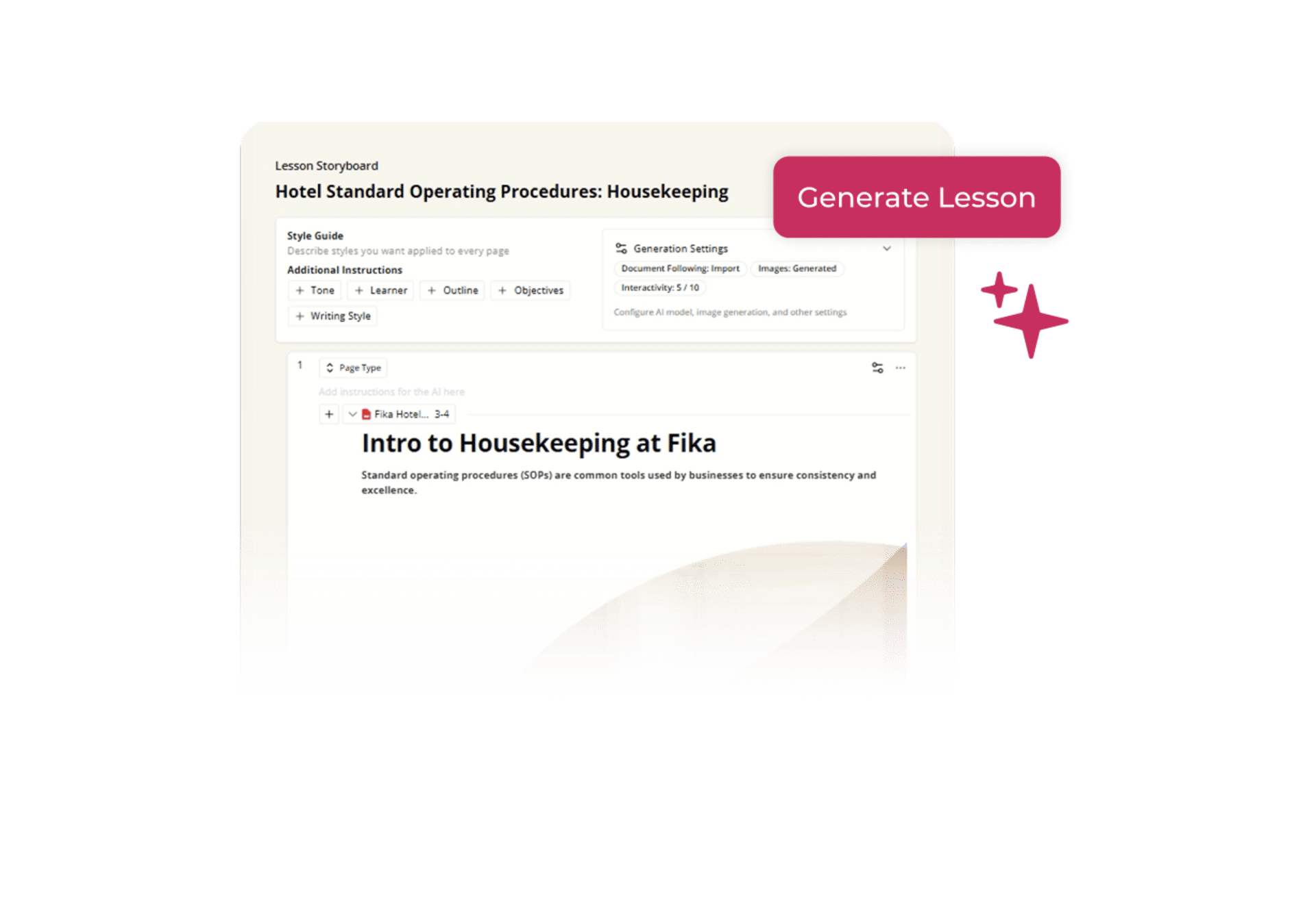 A screenshot of a lesson storyboard titled Hotel Standard Operating Procedures: Housekeeping with a section called Intro to Housekeeping at Fika, and a pink Generate Lesson button with sparkles on the right.