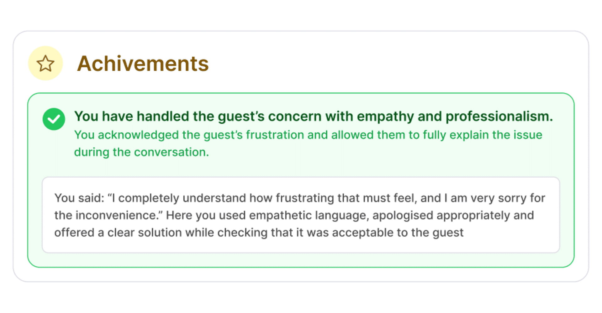 A digital achievement badge highlights handling a guest’s concern with empathy and professionalism, featuring a green tick and an explanation of using empathetic language and offering a clear solution.