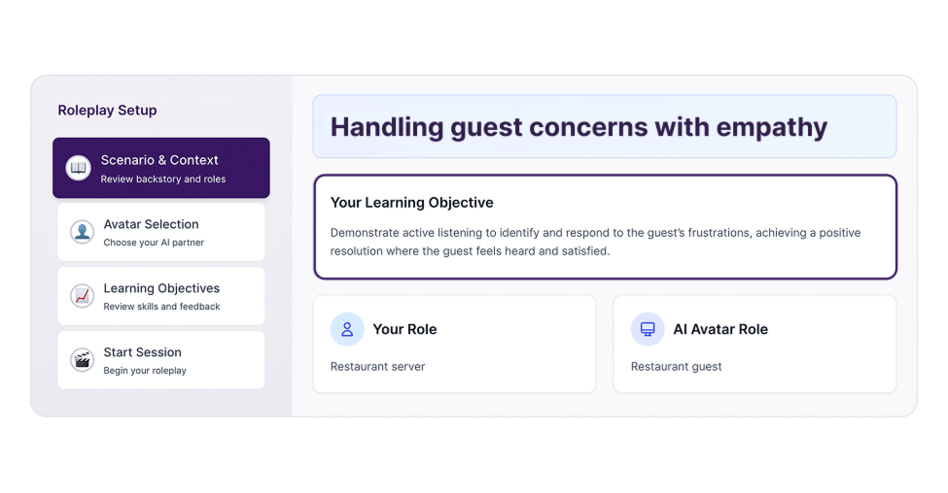 A digital interface for a roleplay setup. The main section is titled Handling guest concerns with empathy. Side menu options include Scenario & Context, Avatar Selection, Learning Objectives, and Start Session.