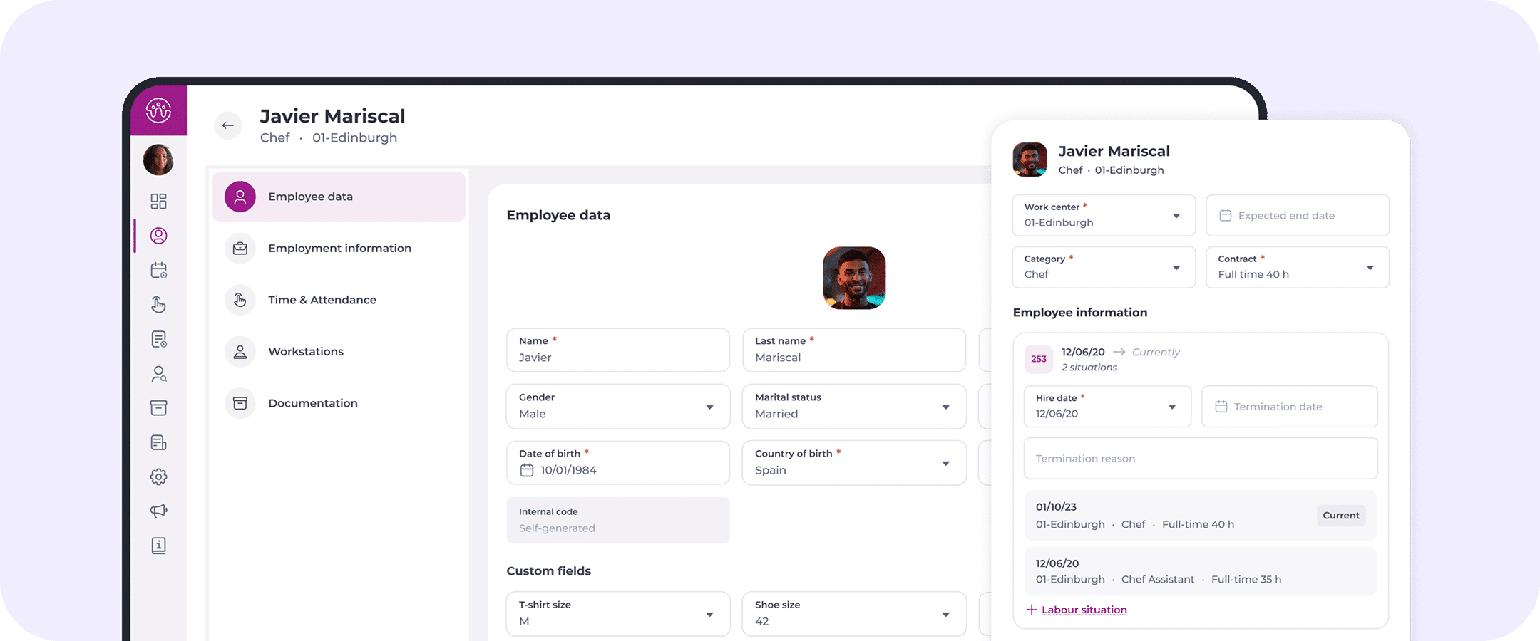 A digital employee profile interface displays data for Javier Mariscal, including personal information, employment details, and a profile photo. Panels feature tabs like Employee data and editable fields tailored for hospitality training software integration.