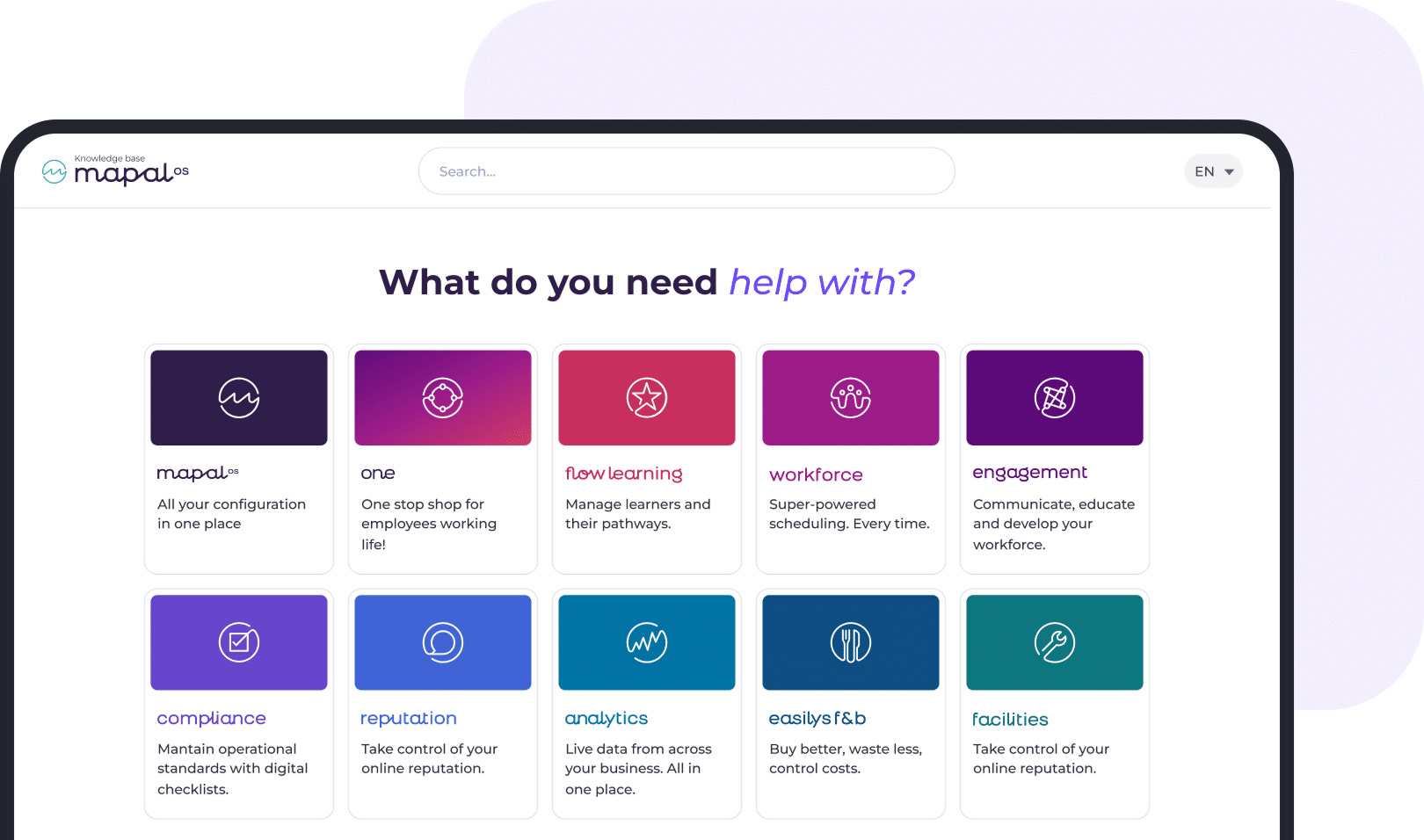 A digital dashboard displays nine colourful service cards under the heading What do you need help with?, each representing business management solutions like configuration, learning, workforce, engagement, and analytics—with a quick link to mapal contact us for support.