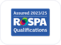 A blue rectangular badge with the text Assured 2023/25 RoSPA Qualifications. The RoSPA logo features overlapping coloured circles within the letters.