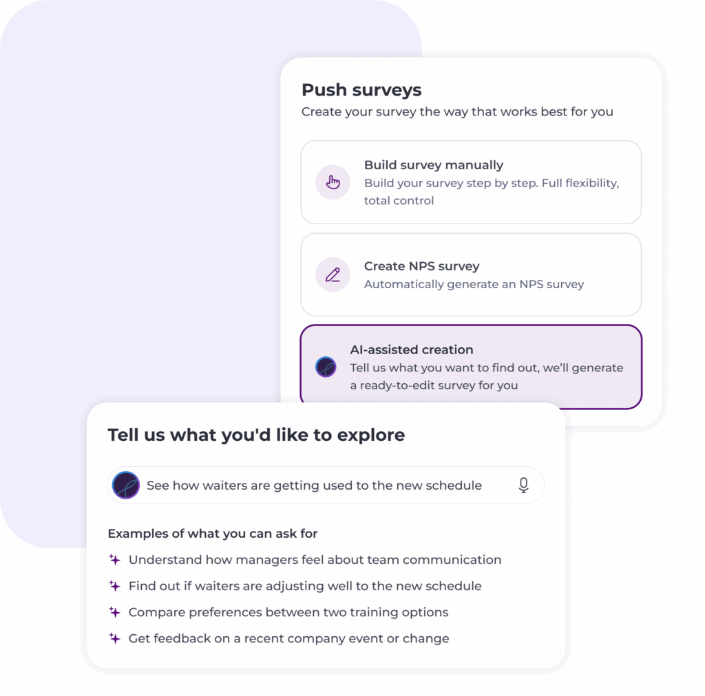 A user interface for creating surveys displays three options: Build manually, Create NPS survey, and AI-assisted creation. Below, sample queries and example survey topics—such as AI in hospitality industry, scheduling, and team communication—are shown.