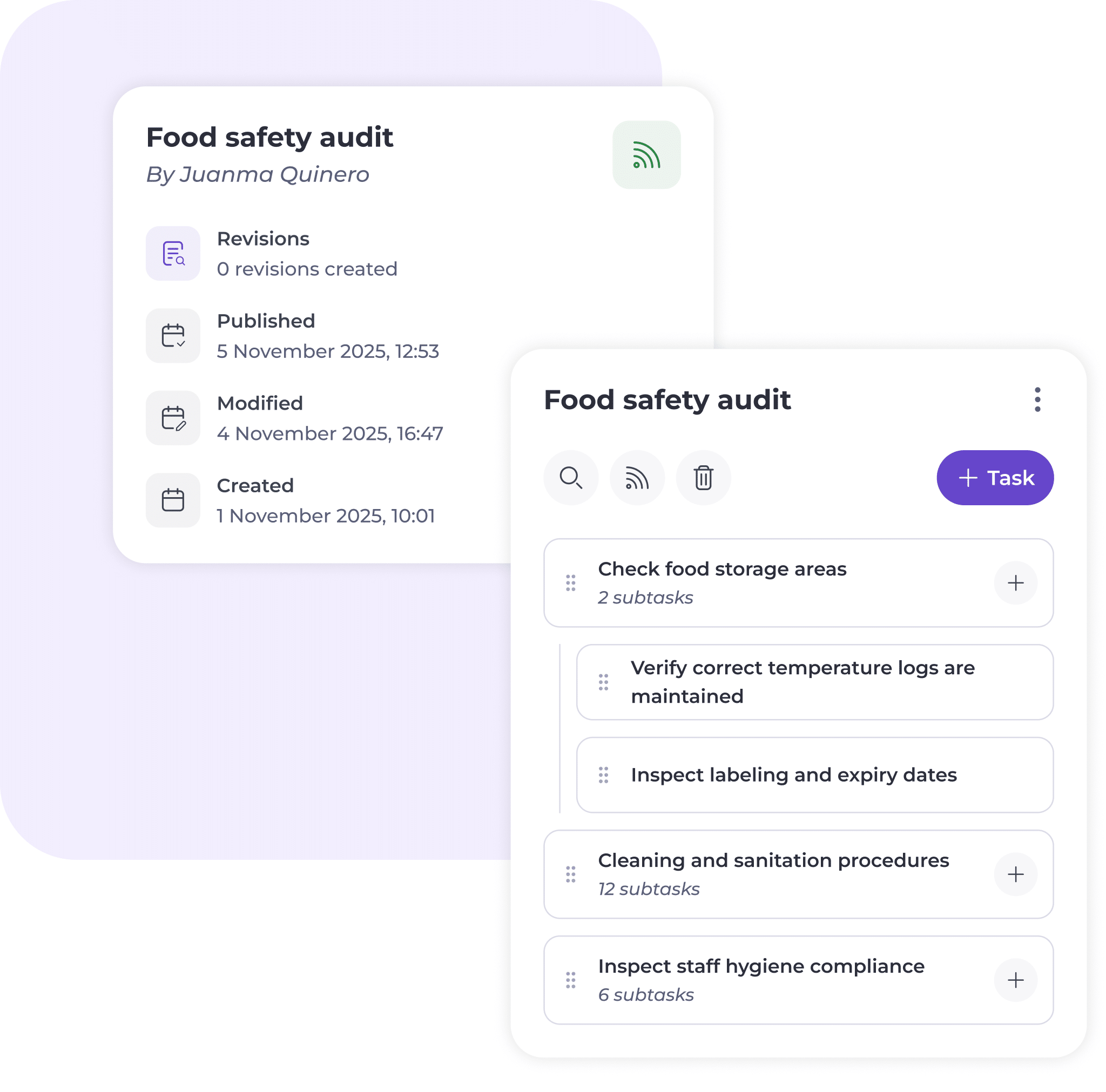 Two overlapping interface cards for a Food safety audit show audit details on the left and a checklist of tasks such as inspecting food storage and labelling on the right, with options to add or manage tasks.