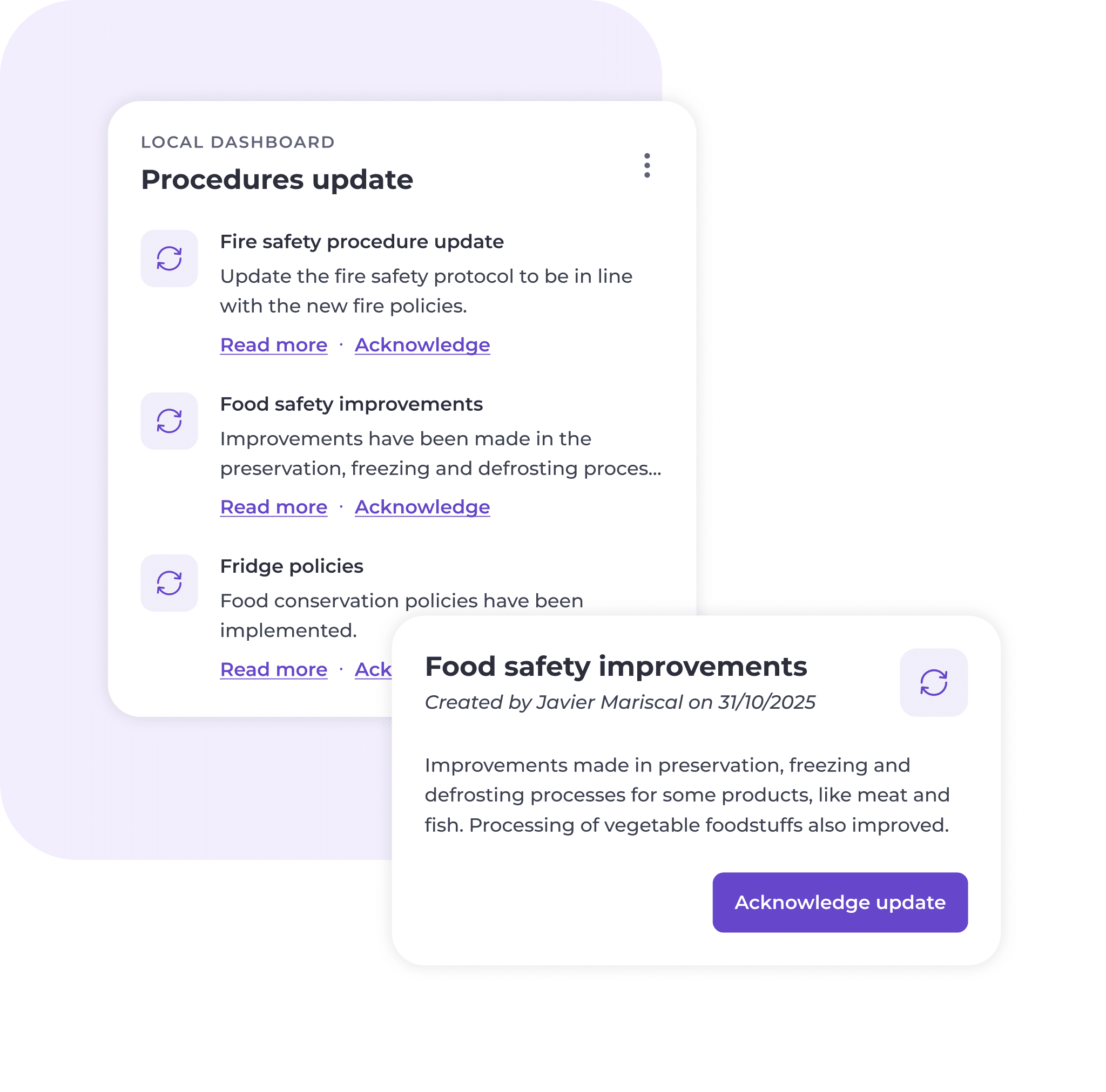 A dashboard displays recent procedure updates, including fire safety, food safety, and fridge policies, with options to read more or acknowledge. A pop-up details food safety improvements and has an Acknowledge update button.