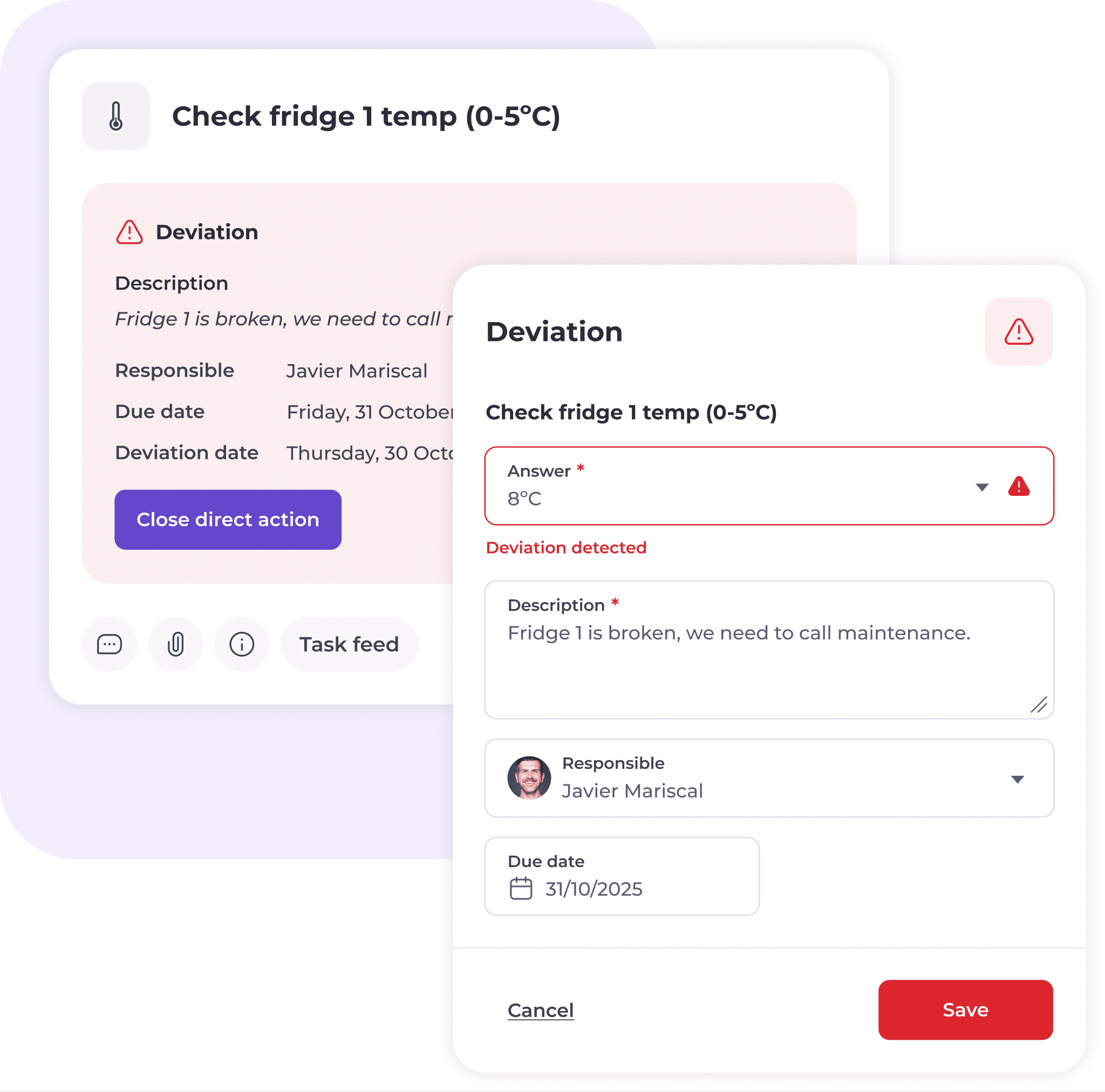 A digital task management interface displays a deviation alert for a fridge temperature check, with fields for the issue description, responsible person, due date, and options to save or take action.