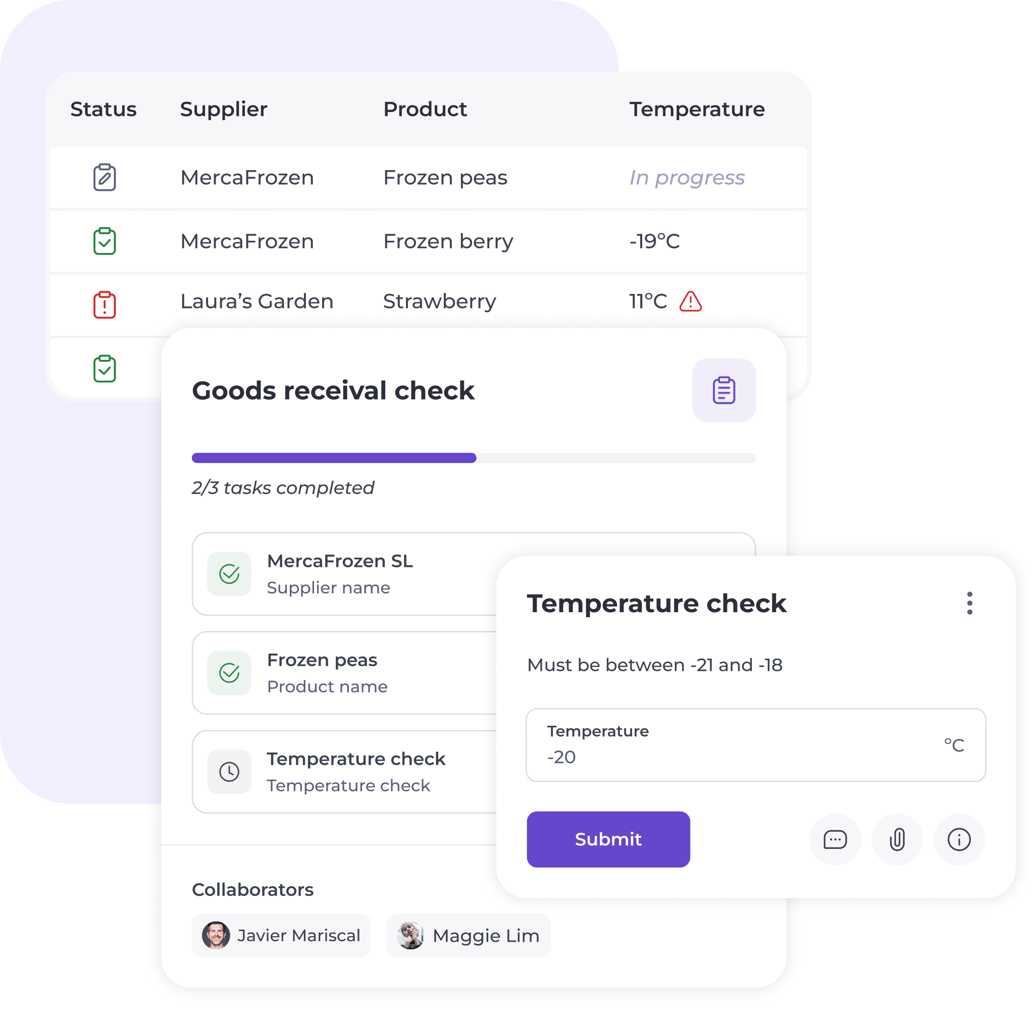 A digital interface shows a goods receipt checklist for food items with suppliers, products, temperature statuses, and a temperature check form set at -20°C. Collaborators' profile icons are visible at the bottom.