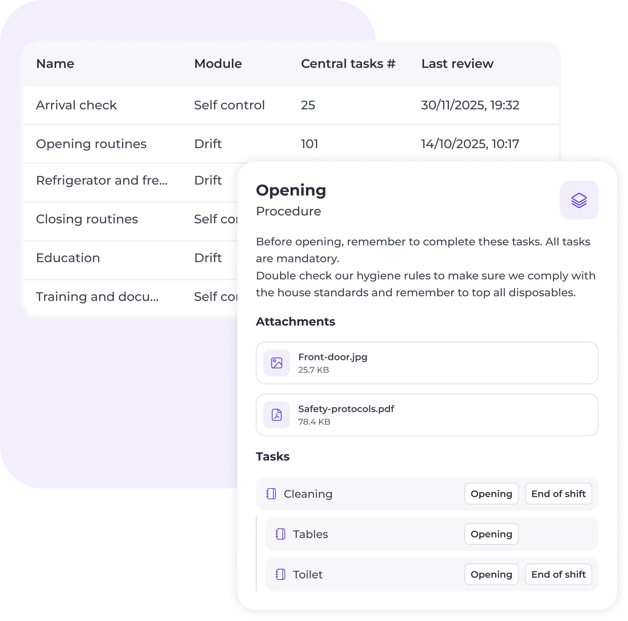 A table lists work modules and tasks next to a pop-up card detailing an Opening procedure, attachments, and tasks for cleaning, tables, and toilet, with options for opening and end of shift.
