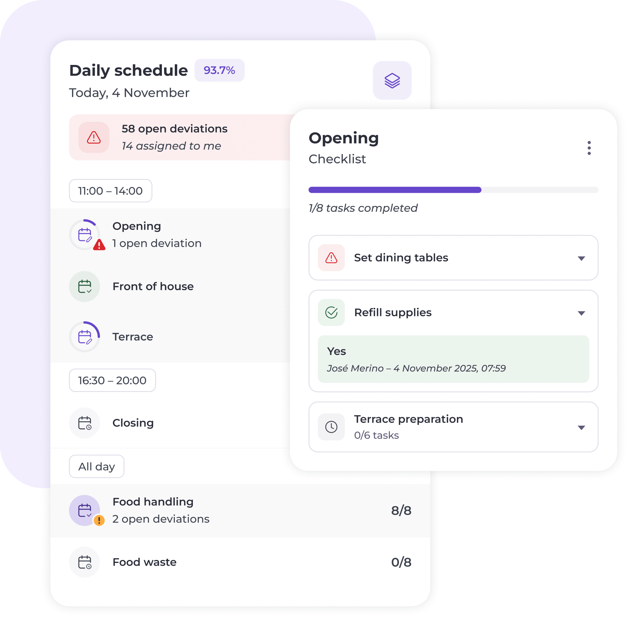 A digital daily schedule shows tasks from 11:00 to 20:00, with colour-coded sections like Opening and Terrace. A checklist for Opening displays 1/8 tasks completed, including ‘Lay dining tables’ and ‘Refill supplies’.