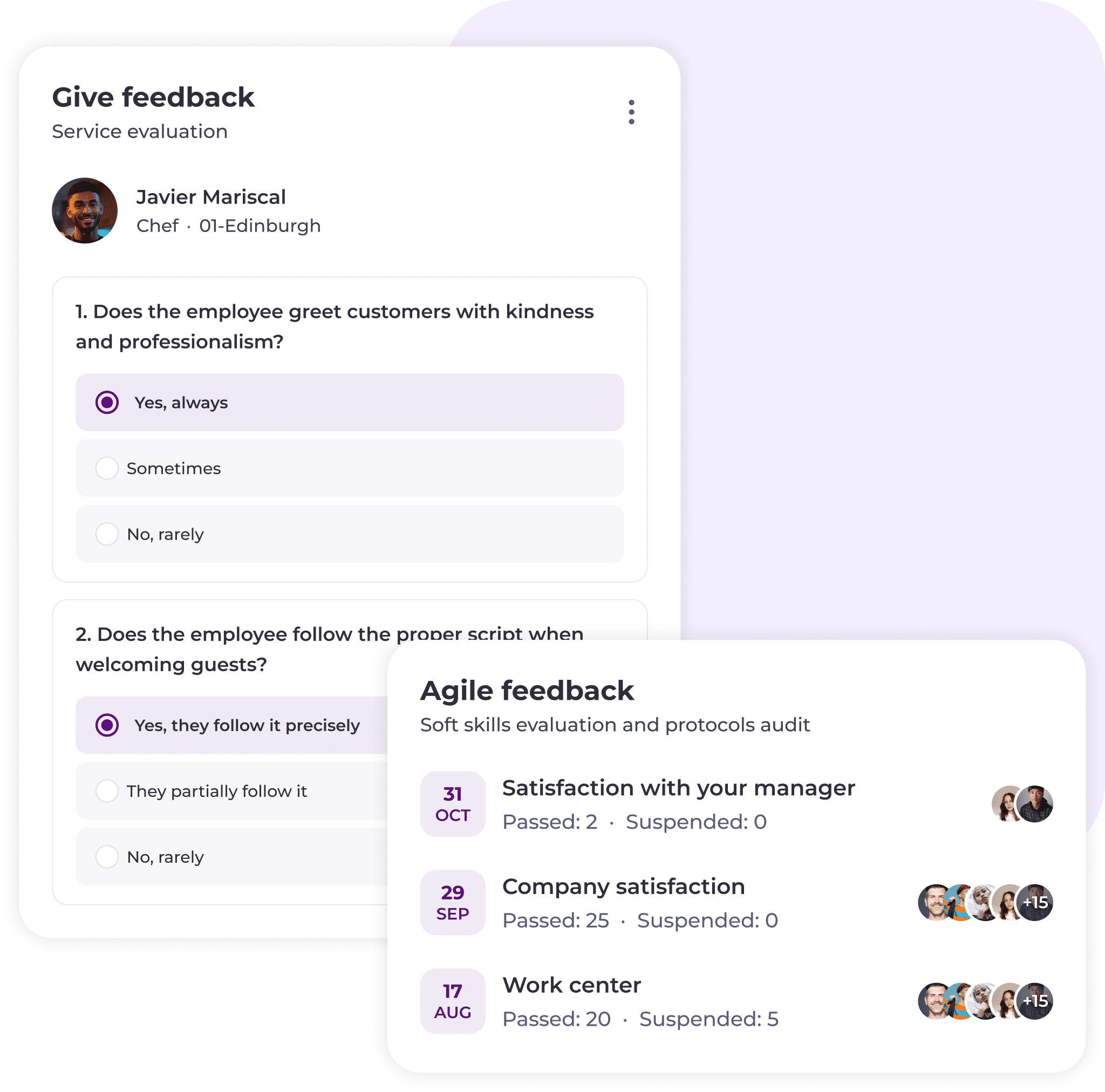 A digital feedback dashboard displays employee evaluation questions with answer options and a summary of agile feedback, showing dates, evaluation topics, and participant icons.