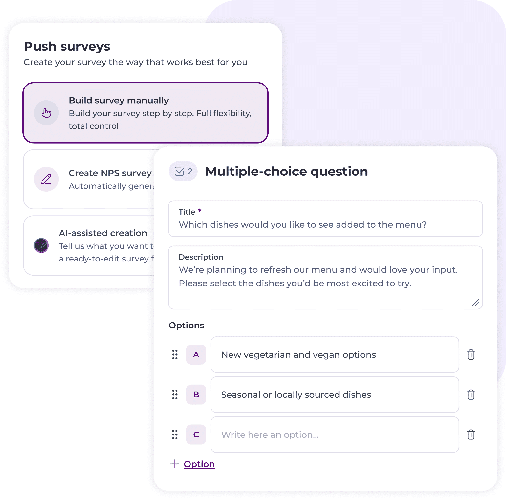 A user interface for creating a survey shows a selected option to build a survey manually and a multiple-choice question editor with fields for the question title, description, and answer options.