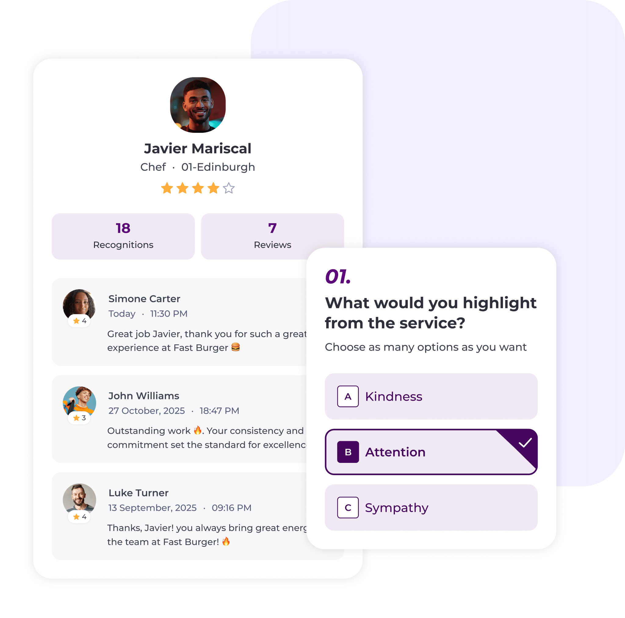 A digital profile of Javier Mariscal, Chef in Edinburgh, displays his recognitions, reviews, and feedback from colleagues. Next to it, a survey asks which service aspect stands out, with Attention selected.