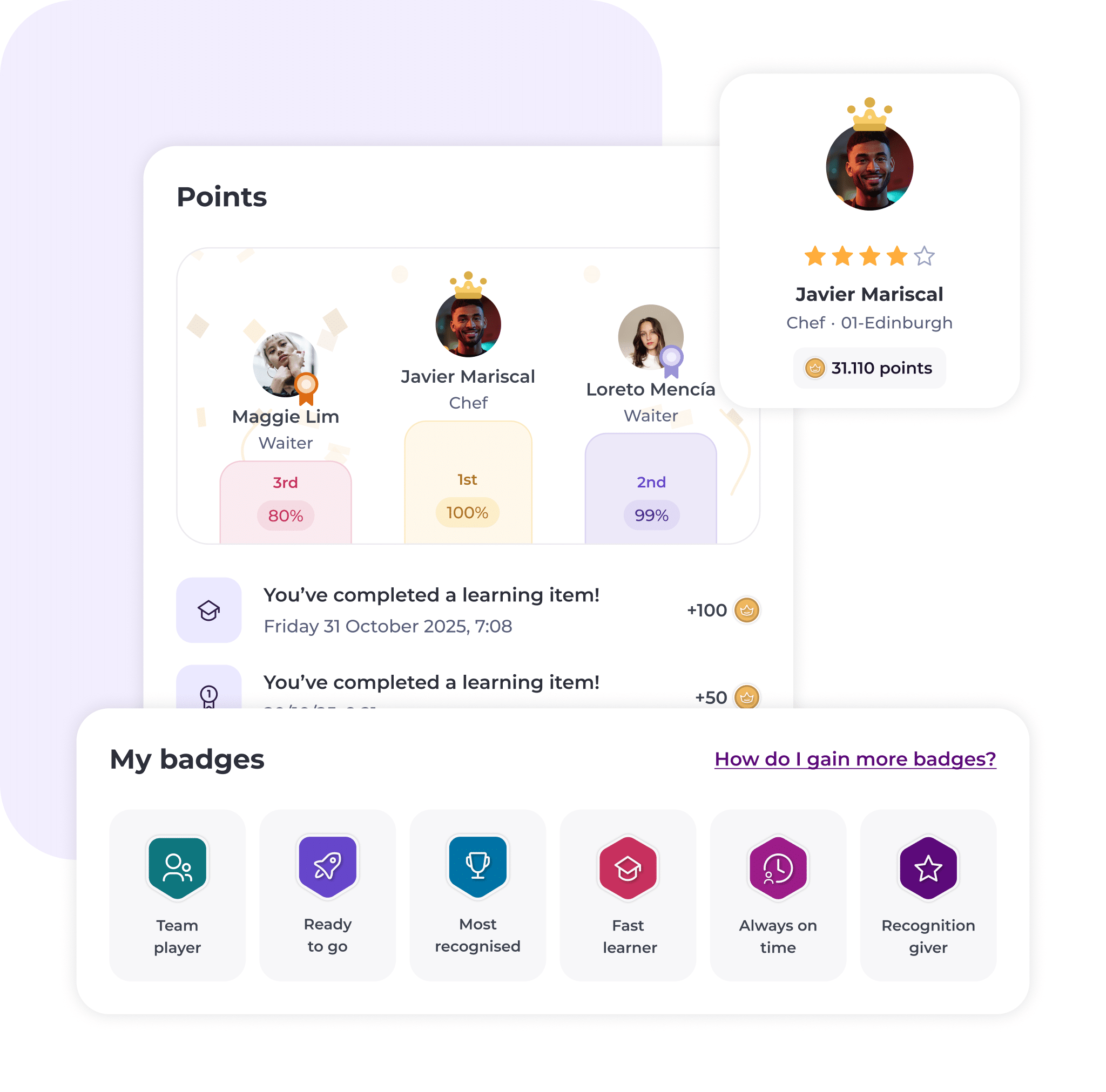 A user profile shows points, badges, and progress. Javier Mariscal, a chef, leads with 31,110 points. The screen displays user roles, completion percentages, points earned, and six colourful achievement badges.