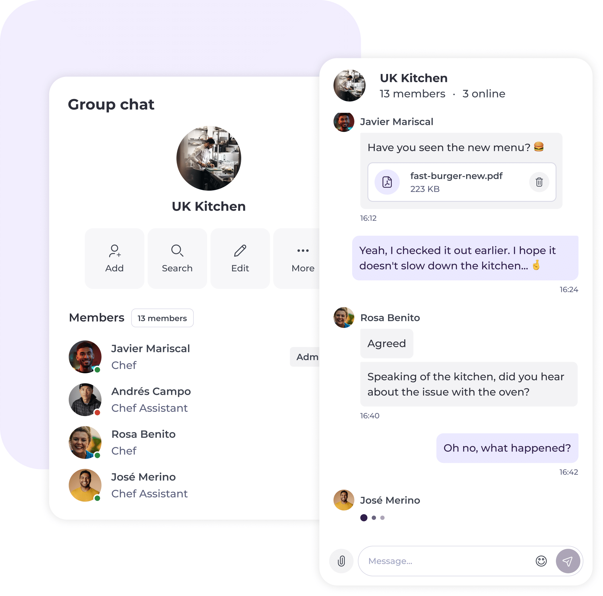 A group chat interface for UK Kitchen shows members chatting about a new menu and kitchen issues. The left panel lists members and roles; the right panel displays chat messages and a shared PDF file.