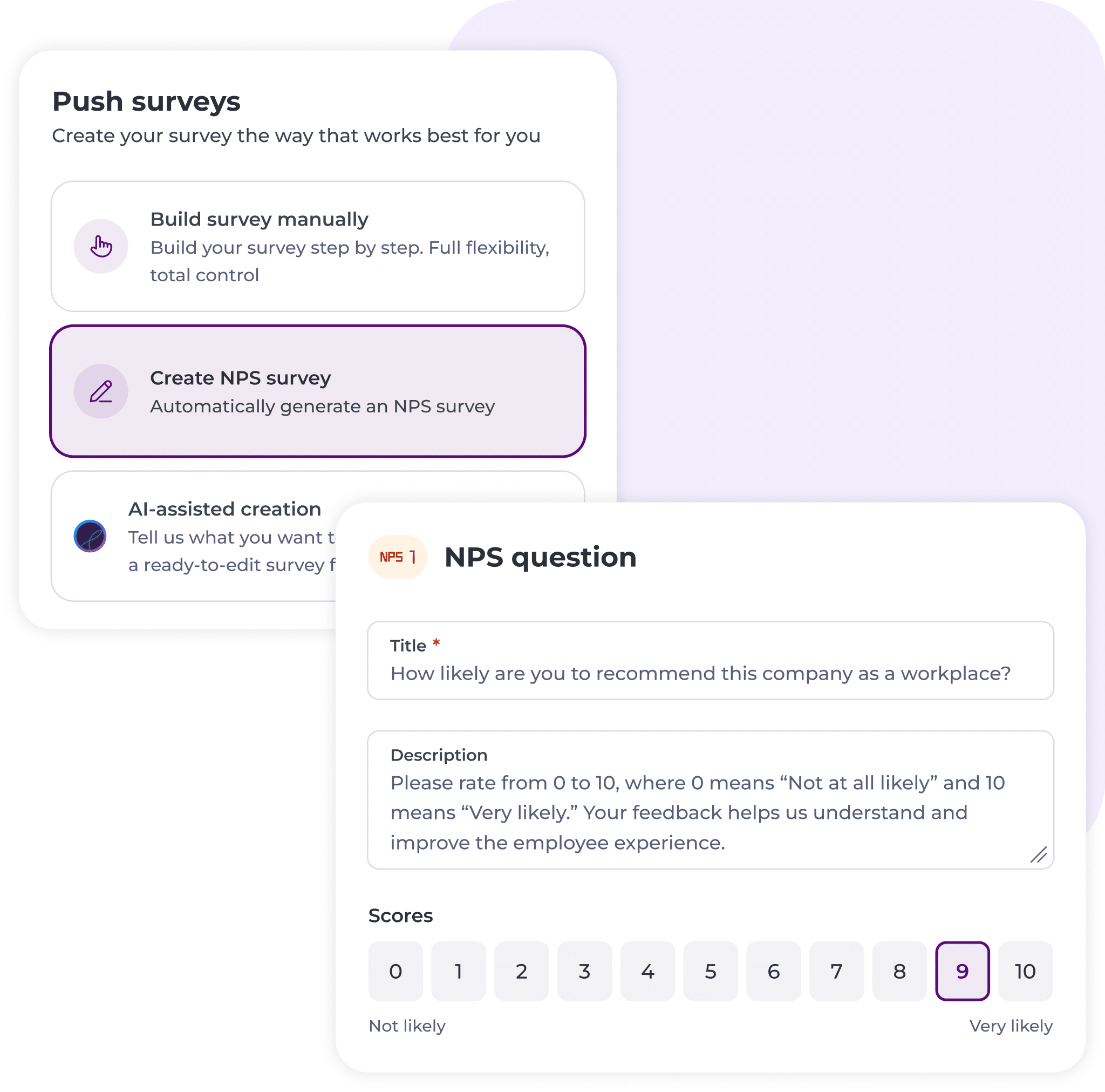 A survey creation interface is shown. Create NPS survey is selected. A form below asks, How likely are you to recommend this company as a workplace? with a 0–10 rating scale and the number 9 selected.