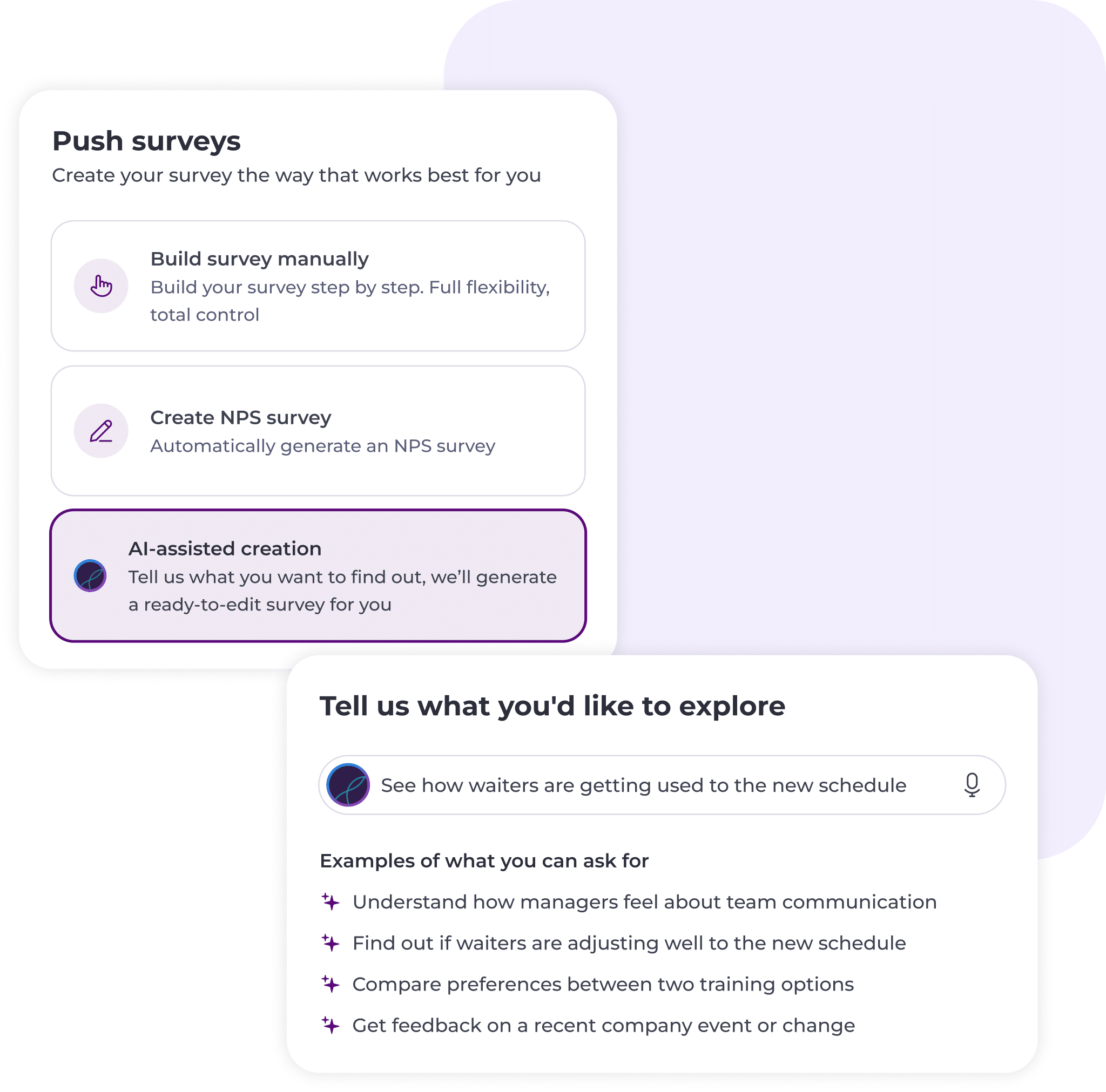 A survey creation interface showing options to build a survey manually, create an NPS survey, or use AI-assisted creation. Below, a search bar prompts for questions, with example exploration topics listed.