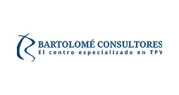 Logo of Bartolomé Consultores with a blue abstract design on the left and the text Bartolomé Consultores, El centro especializado en TPV on a light grey background, representing excellence in Hospitality Development Services.