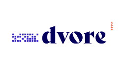 The image displays the word dvore in bold, dark blue stylised font. To the left are blue square dots in a grid, and to the right, three small red triangles stacked vertically—evoking ideas of modern Hospitality Development Services.