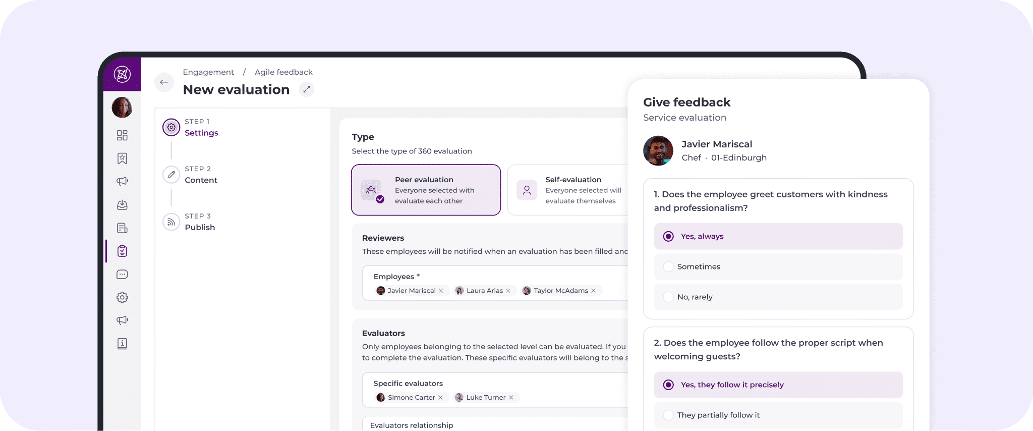 A web interface displays an employee appraisal form with options for peer and self-appraisals. A feedback section shows a reviewer assessing an employee’s service with multiple-choice questions and profile details.