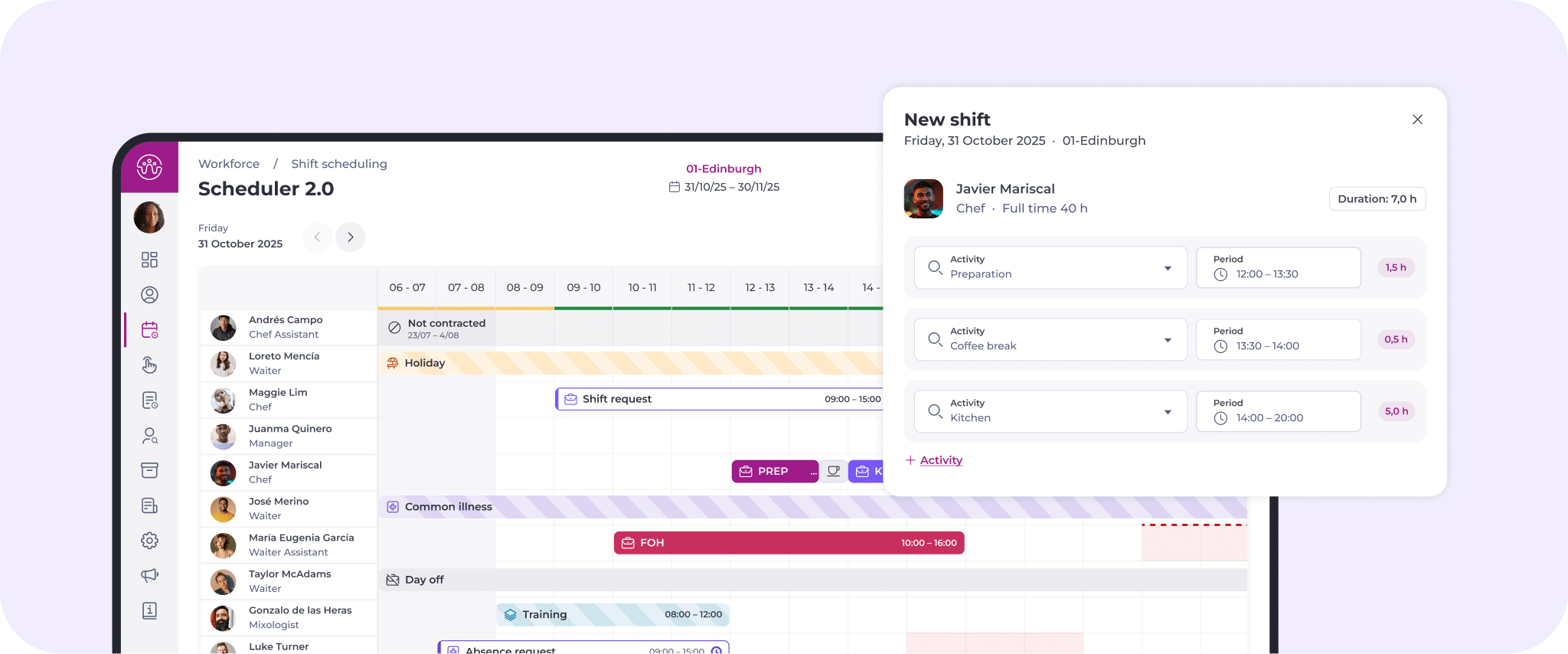 A digital shift scheduling interface within hospitality workforce management software displays a calendar of employees’ shifts, roles, and statuses. A pop-up details a chef's shift, including preparation tasks and a tea break with allocated time slots.
