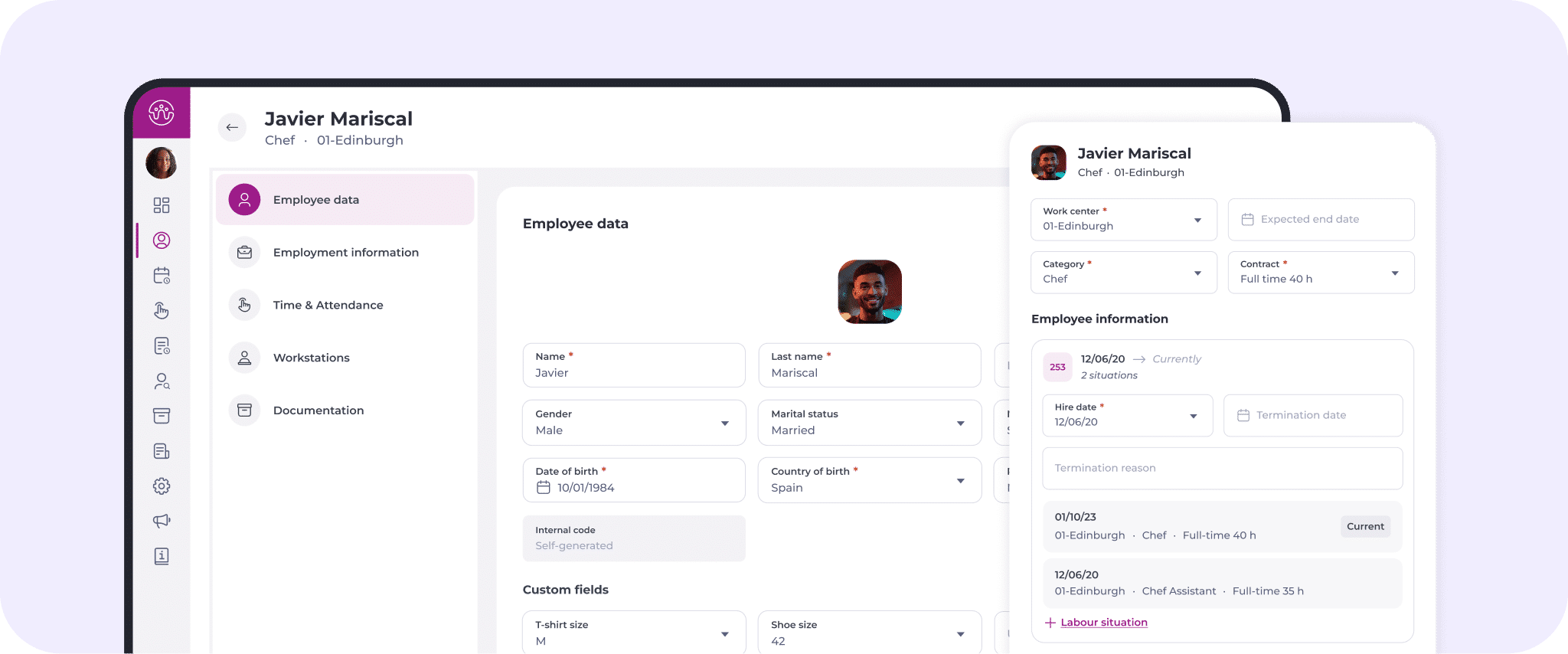 A digital dashboard powered by hospitality workforce management software displays employee data for Javier Mariscal, including personal details, job info, and work status. Two panels show form fields and profile photos on a white, modern interface.
