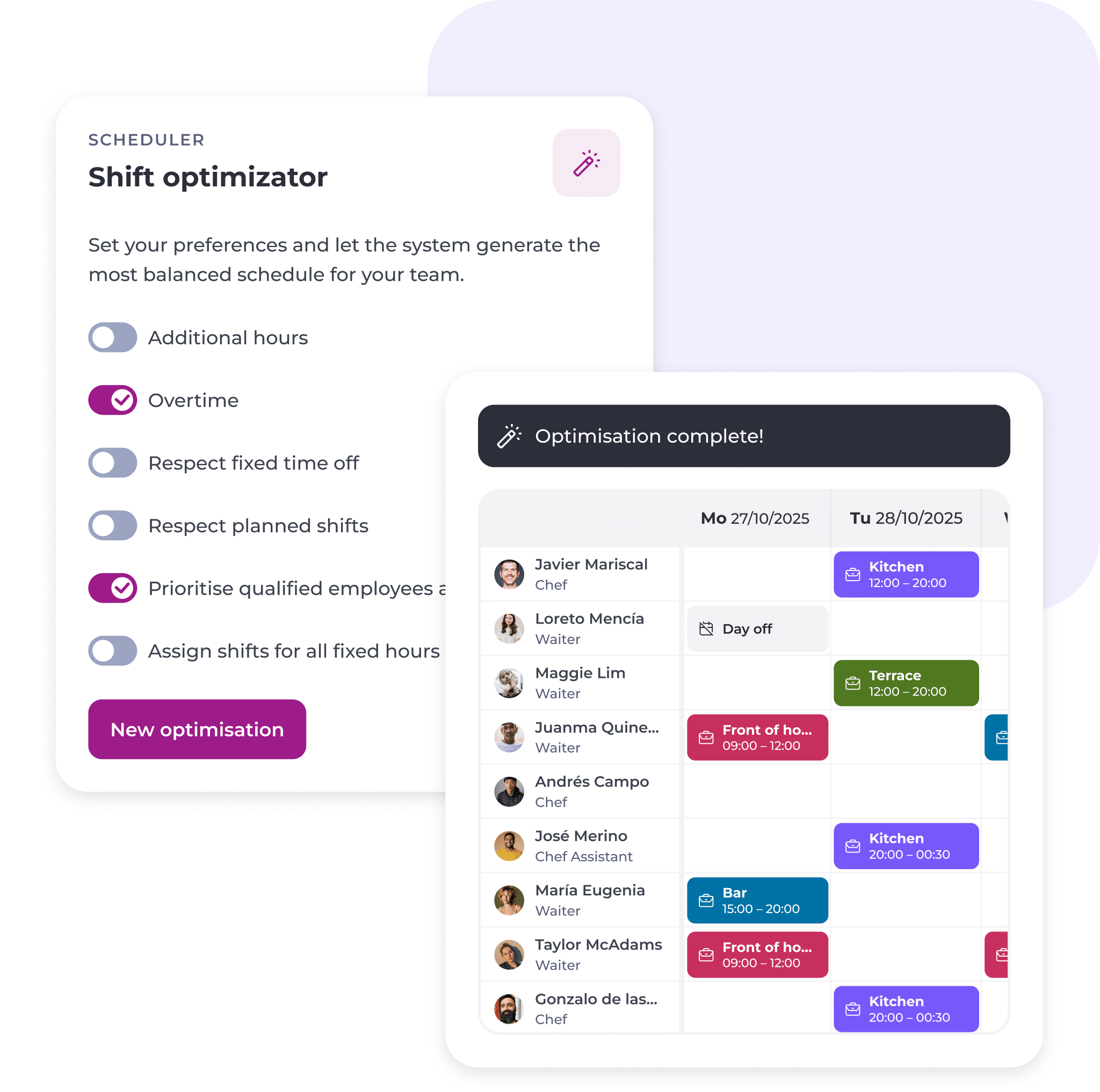 Two overlapping UI panels: one shows shift optimisation options with toggles, including overtime and prioritising qualified employees; the other shows a colour-coded weekly staff rota with roles, times, and work areas.