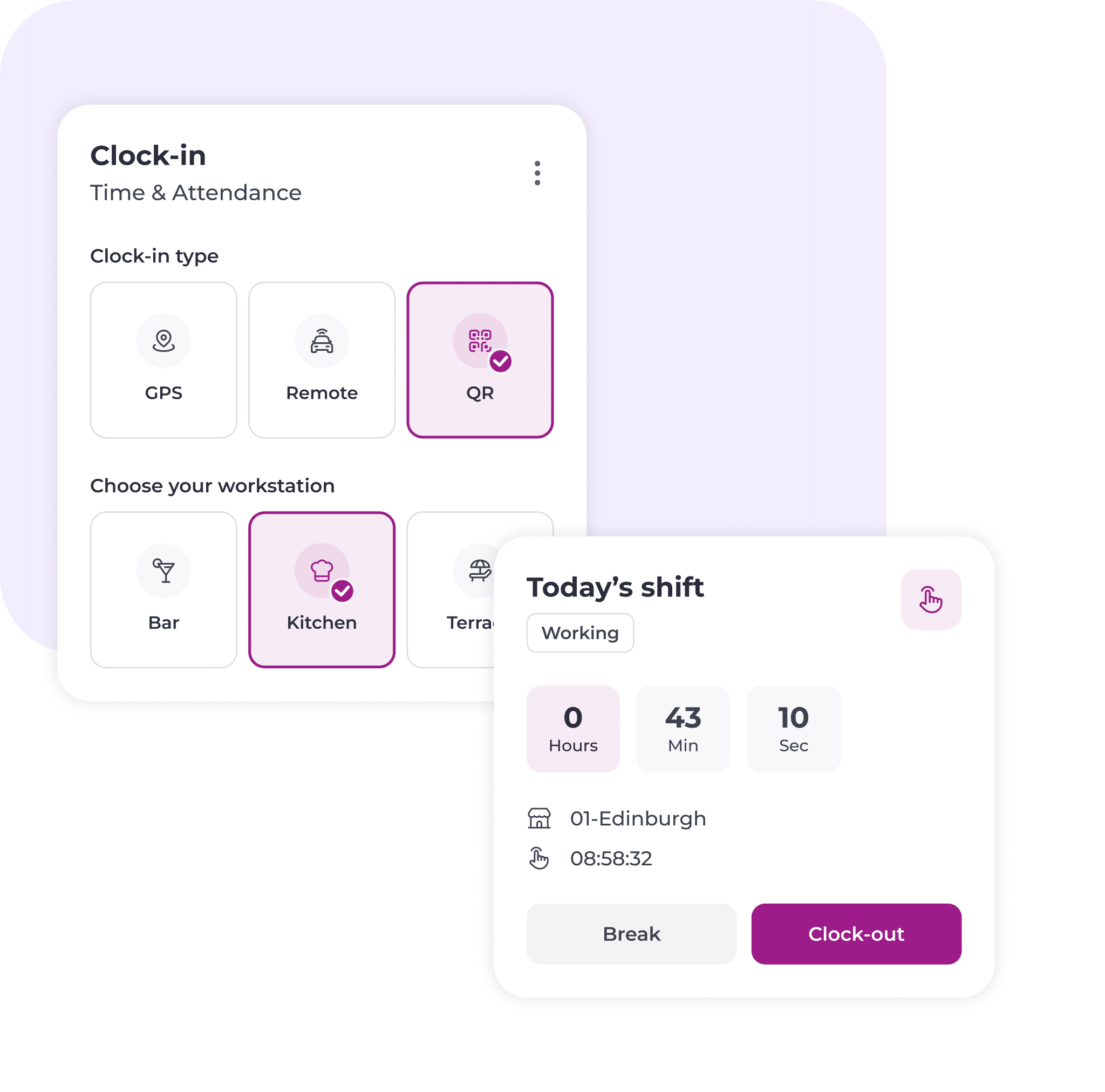 Two white interface cards show a time and attendance app. The first card lets users select a clock-in type (GPS, Remote, QR) and workstation (Bar, Kitchen, Terrace), with QR and Kitchen selected. The second card shows today’s shift timer and a clock-out button.