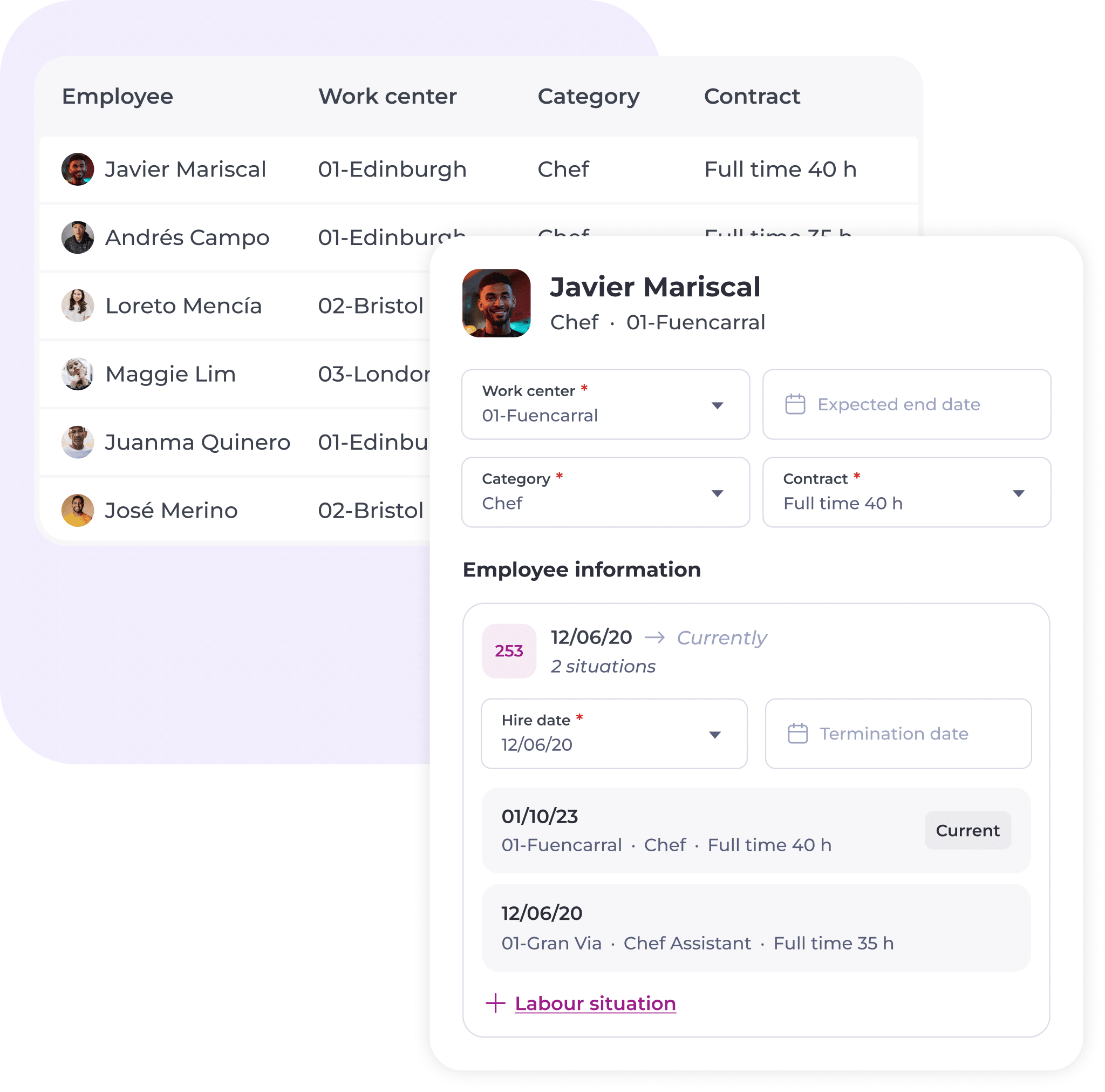 A dashboard displays employee details in a table on the left and selected employee info on the right, including work centre, category, contract, hire date, and job history, with options to edit or view more details.