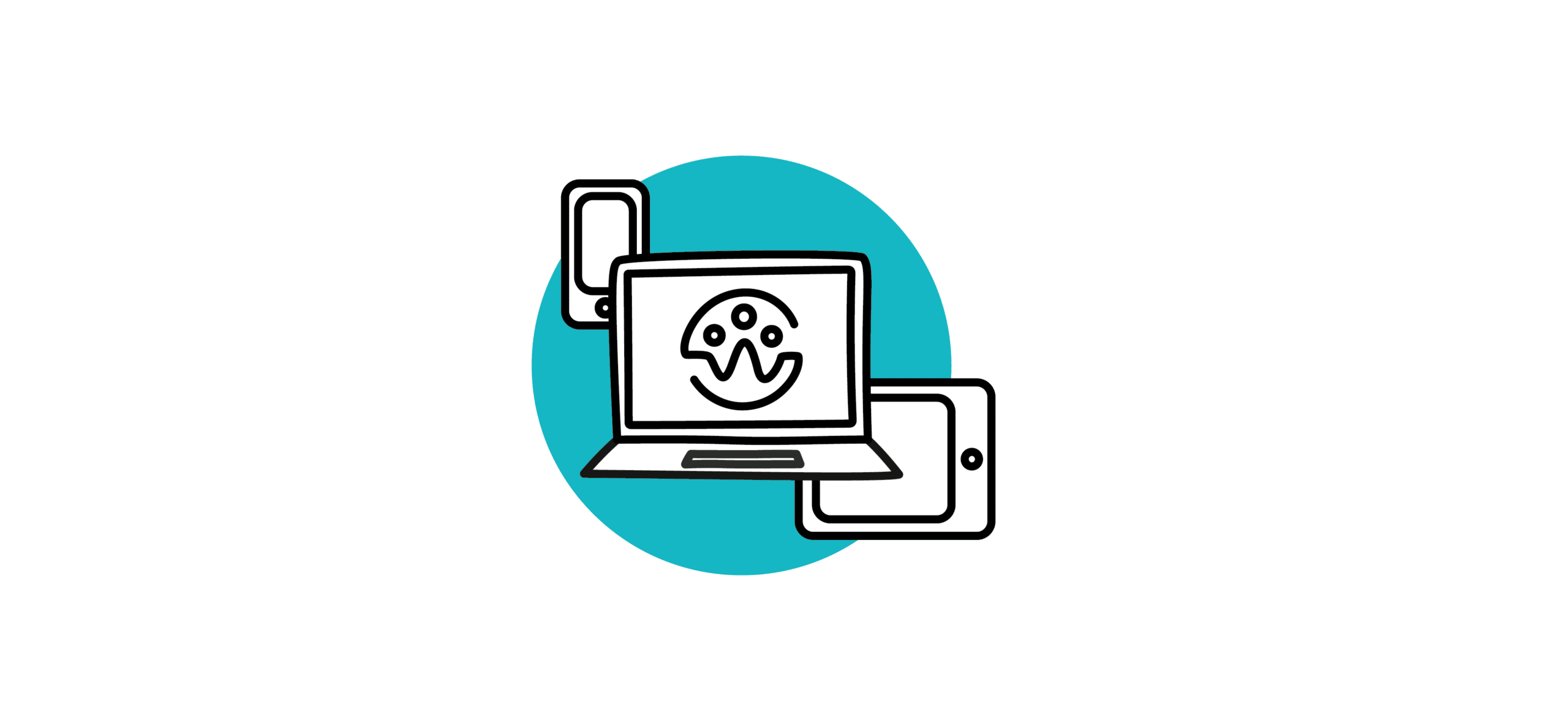 A simple illustration of a laptop, tablet, and mobile overlapping, with a palette icon on the laptop screen. A blue circle serves as a background accent behind the devices.