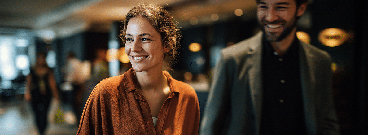 A smiling woman in a brown blouse stands indoors next to a man in a suit, with warm lighting and a blurred background suggesting a modern, social setting.
