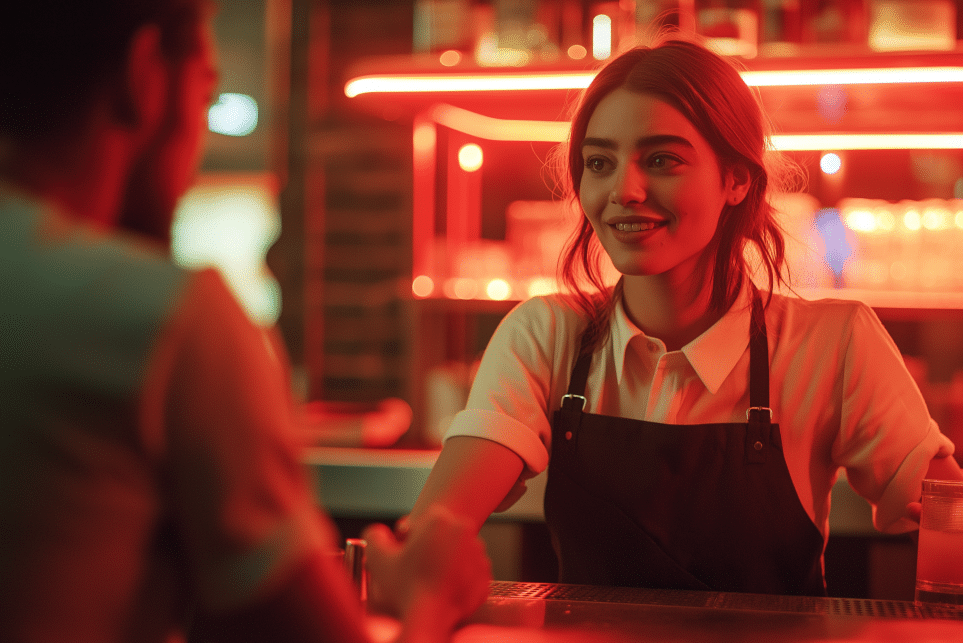 A smiling barman in an apron talks with a customer at a bar, illuminated by warm red lighting and surrounded by shelves of bottles in the background.