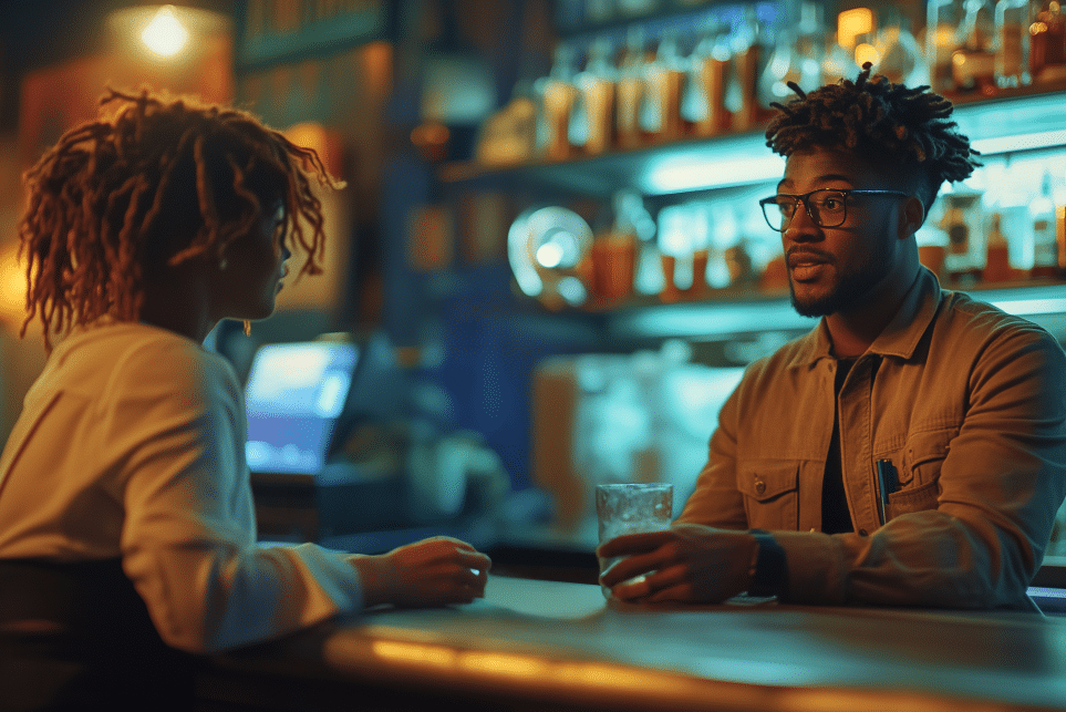 Two people with locs converse at a dimly lit bar. One holds a drink and wears glasses and a tan jacket. Bottles and warm lights fill the background, creating a relaxed atmosphere.
