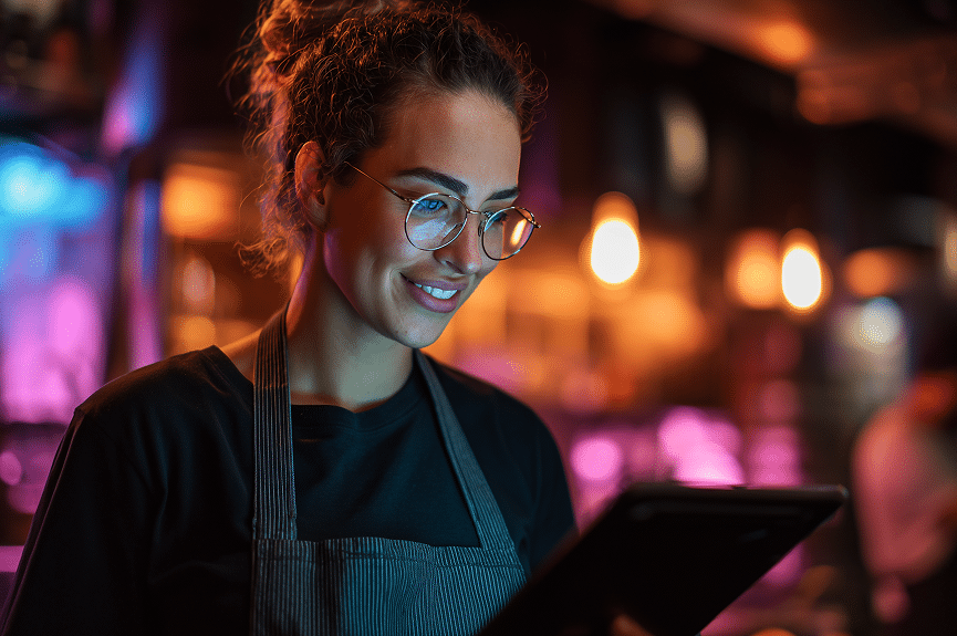 A smiling woman wearing glasses and an apron uses a tablet in a warmly lit restaurant or café with colourful lighting in the background.