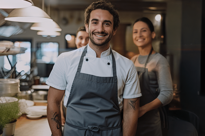 A smiling chef in a white shirt and grey apron stands in a restaurant kitchen with two team members behind him, all appearing friendly and welcoming.