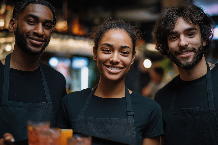 Three smiling young adults wearing black shirts and aprons stand together in a lively bar or restaurant setting, holding a tray with colourful drinks. The background is softly blurred with lights and people visible.