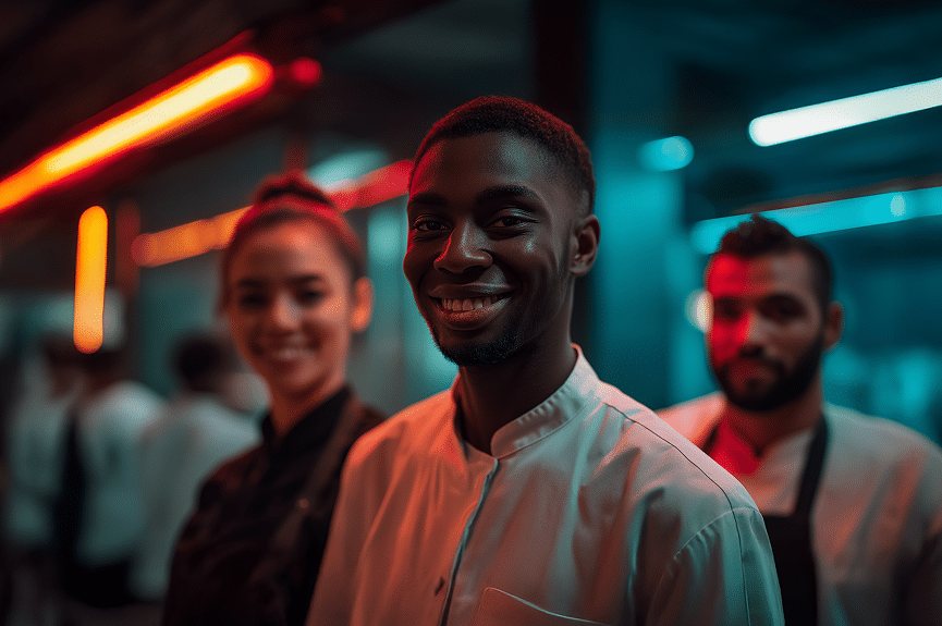 Three chefs in uniform stand in a row, smiling, with colourful neon lights illuminating them in a modern kitchen setting. The focus is on the chef in front, while the others are slightly blurred.