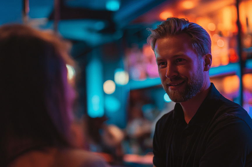 A man with fair hair and a beard smiles whilst talking to a woman at a bar, illuminated by colourful, warm lighting and a blurred background of bottles and lights.