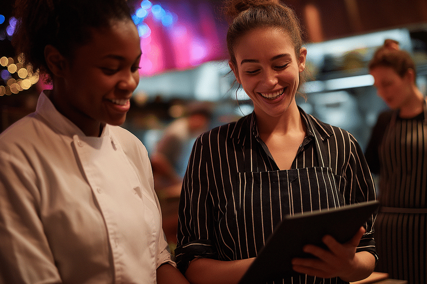 Two women in chef uniforms smile whilst looking at a tablet in a warmly lit restaurant kitchen, with blurred figures and kitchen equipment in the background.