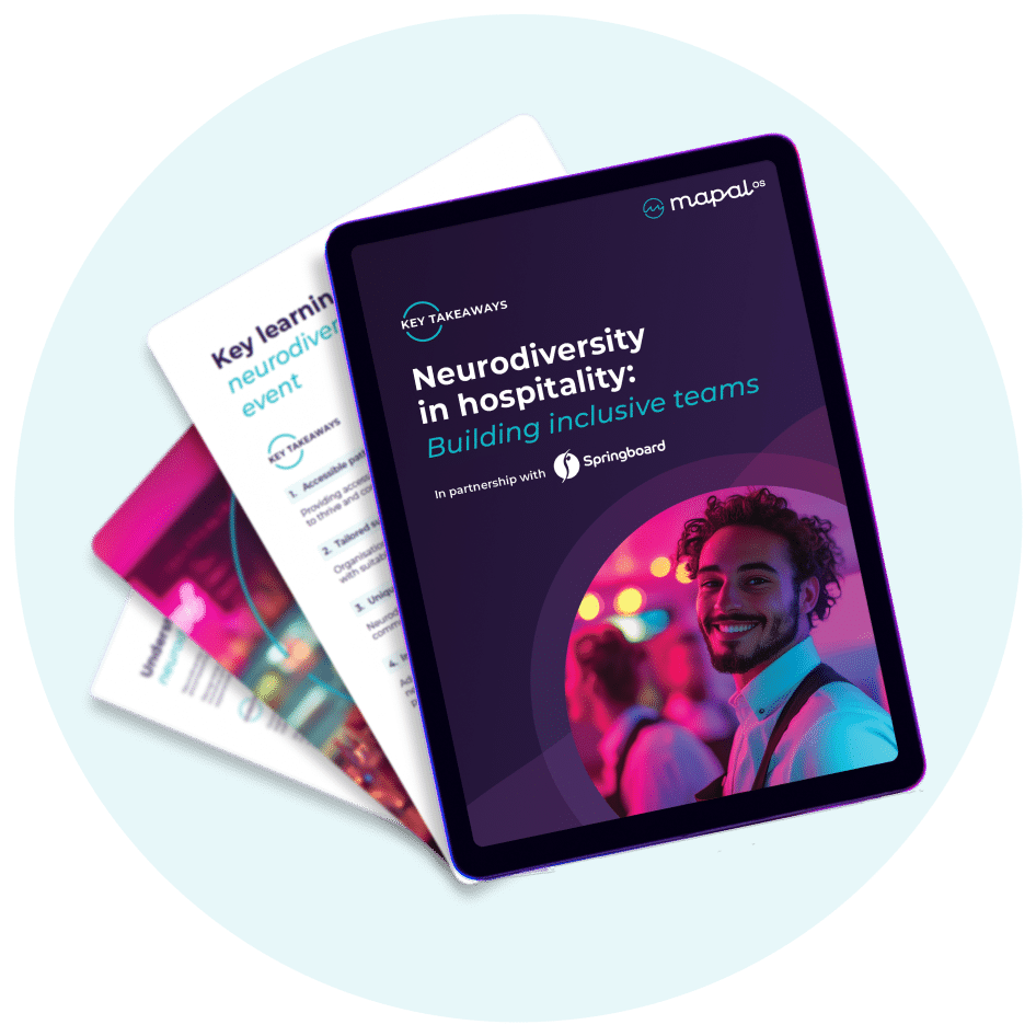 A tablet displaying a report titled Neurodiversity in hospitality: Building inclusive teams, with blurred pages underneath. The cover features a smiling person and logos for Mapal and Springboard.