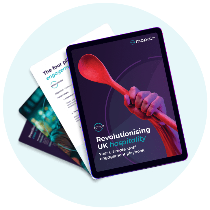 Three overlapping documents, with the top one featuring a hand holding a red spoon and titled Revolutionising UK hospitality: Your ultimate staff engagement playbook by Mapal.
