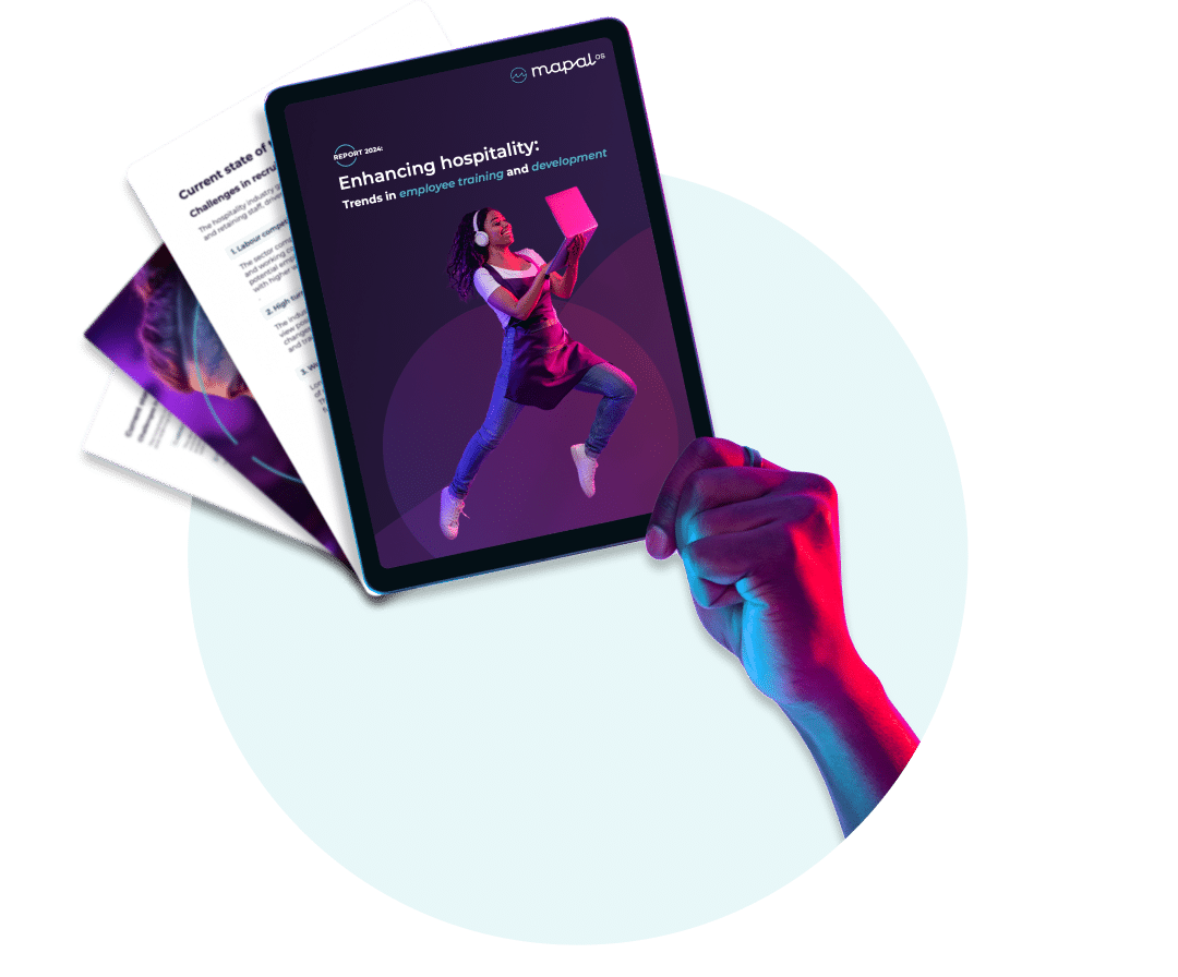 A hand holds a tablet displaying a report titled Enhancing hospitality: Trends in employee training, skills and development, with two report pages partially visible in the background.