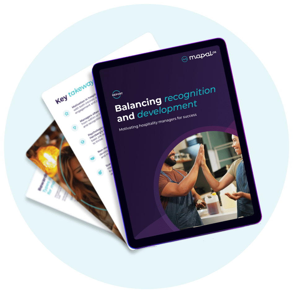 Three overlapping documents, with the top one on a tablet displaying the title Balancing recognition and development and an image of two people high-fiving, related to motivating hospitality managers.