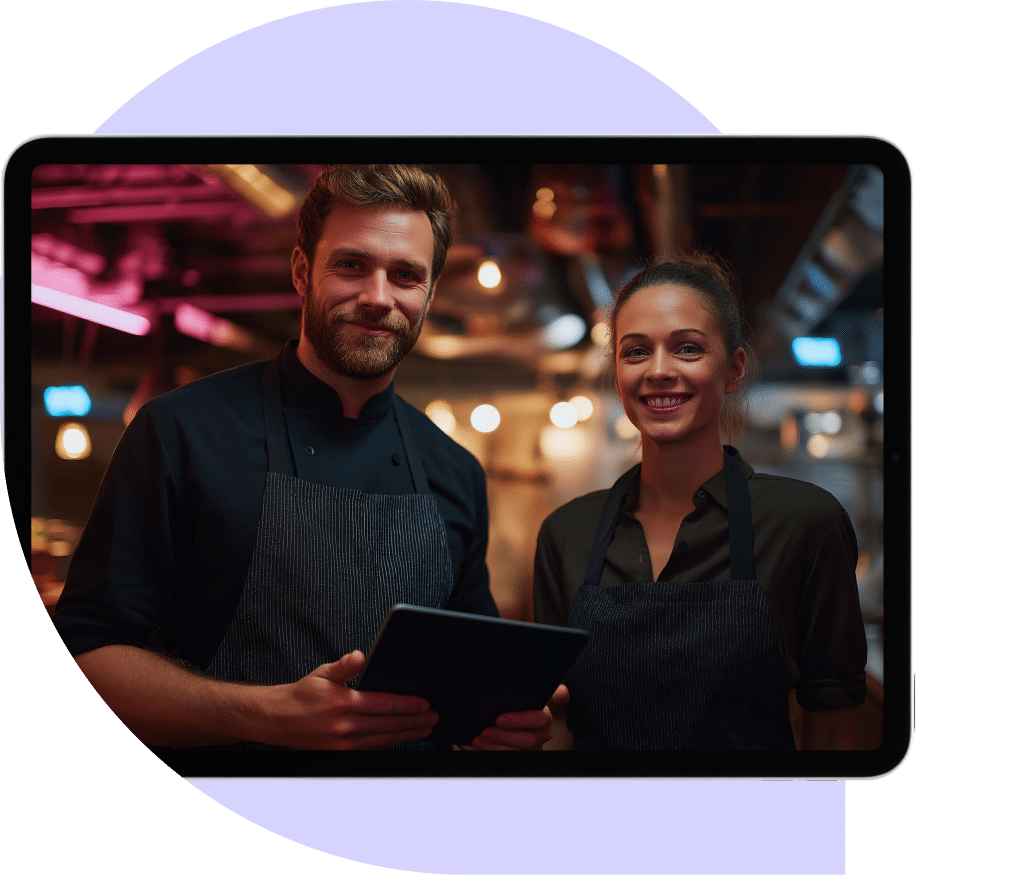 Two restaurant staff in aprons stand together, smiling at the camera, with one holding a tablet. The background suggests a warmly lit restaurant, and the image is framed within a digital tablet screen.