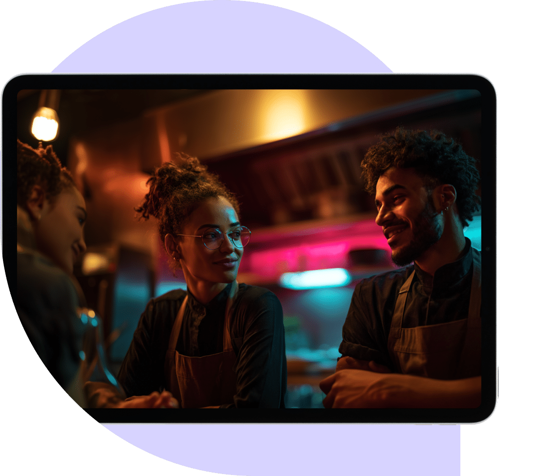 Two people wearing aprons smile and talk inside a restaurant kitchen with colourful lights in the background, seen through the frame of a tablet screen.