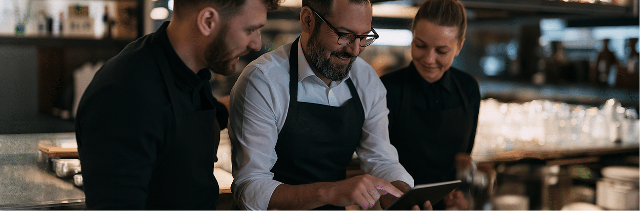 Three restaurant staff in black aprons stand together behind a counter, smiling and looking at a tablet device as one person points at the screen. The setting appears warm and professional.
