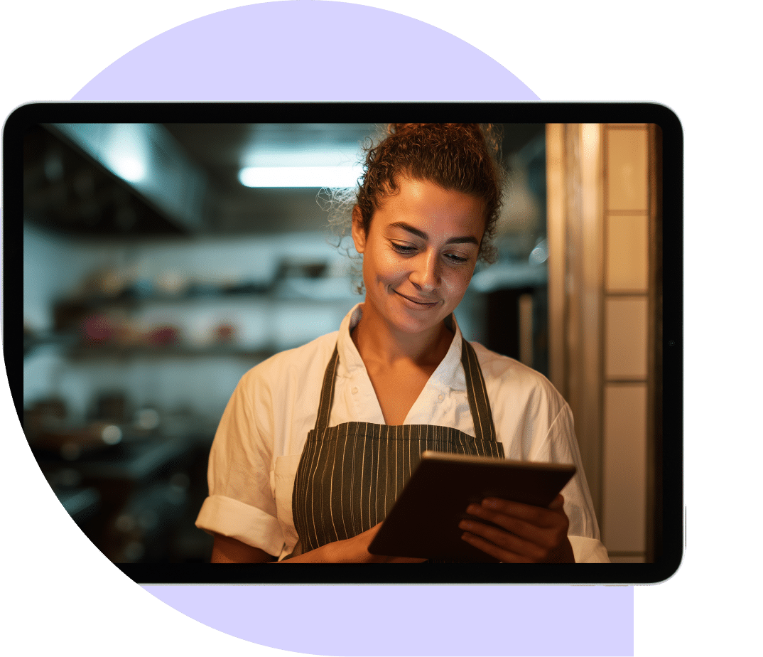 A chef wearing an apron stands in a kitchen, smiling whilst looking at a tablet she is holding. The image is framed within the screen of a tablet device.