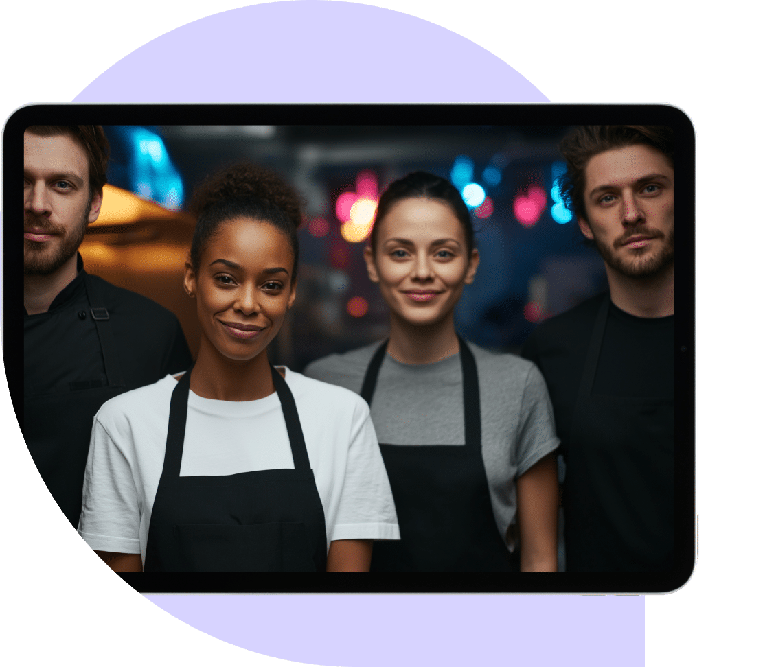 Four people wearing aprons stand side by side, smiling, inside what appears to be a restaurant. The image is framed within the screen of a tablet, with blurred colourful lights in the background.