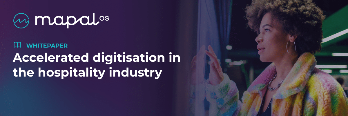 A person in a colourful jacket looks out a window. Text reads: WHITEPAPER Accelerated digitisation in the hospitality industry. The Mapal OS logo is on the left against a purple background.
