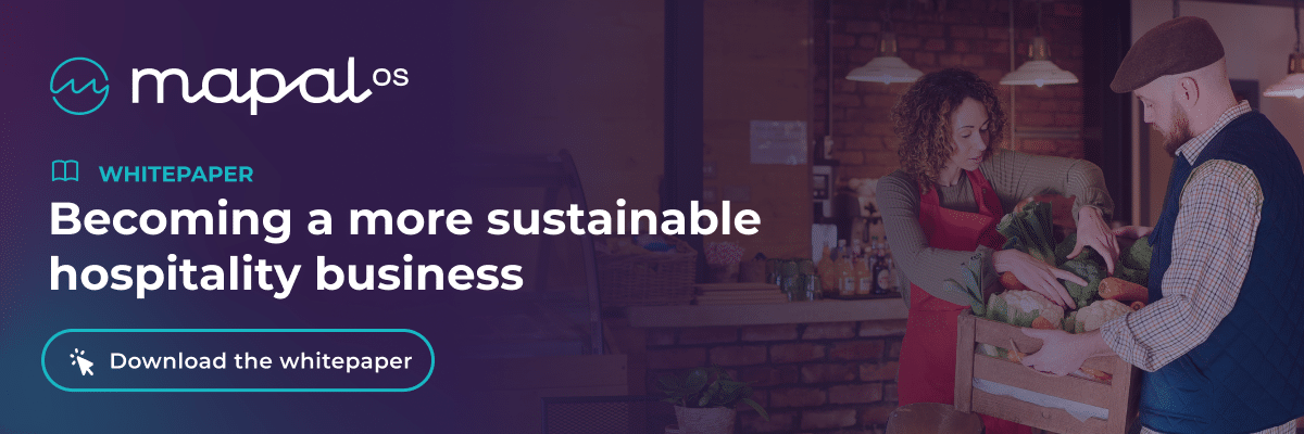 Two people unpack fresh produce in a cosy restaurant. Text reads: Becoming a more sustainable hospitality business. Button: Download the whitepaper. Mapal OS logo appears in the top left.